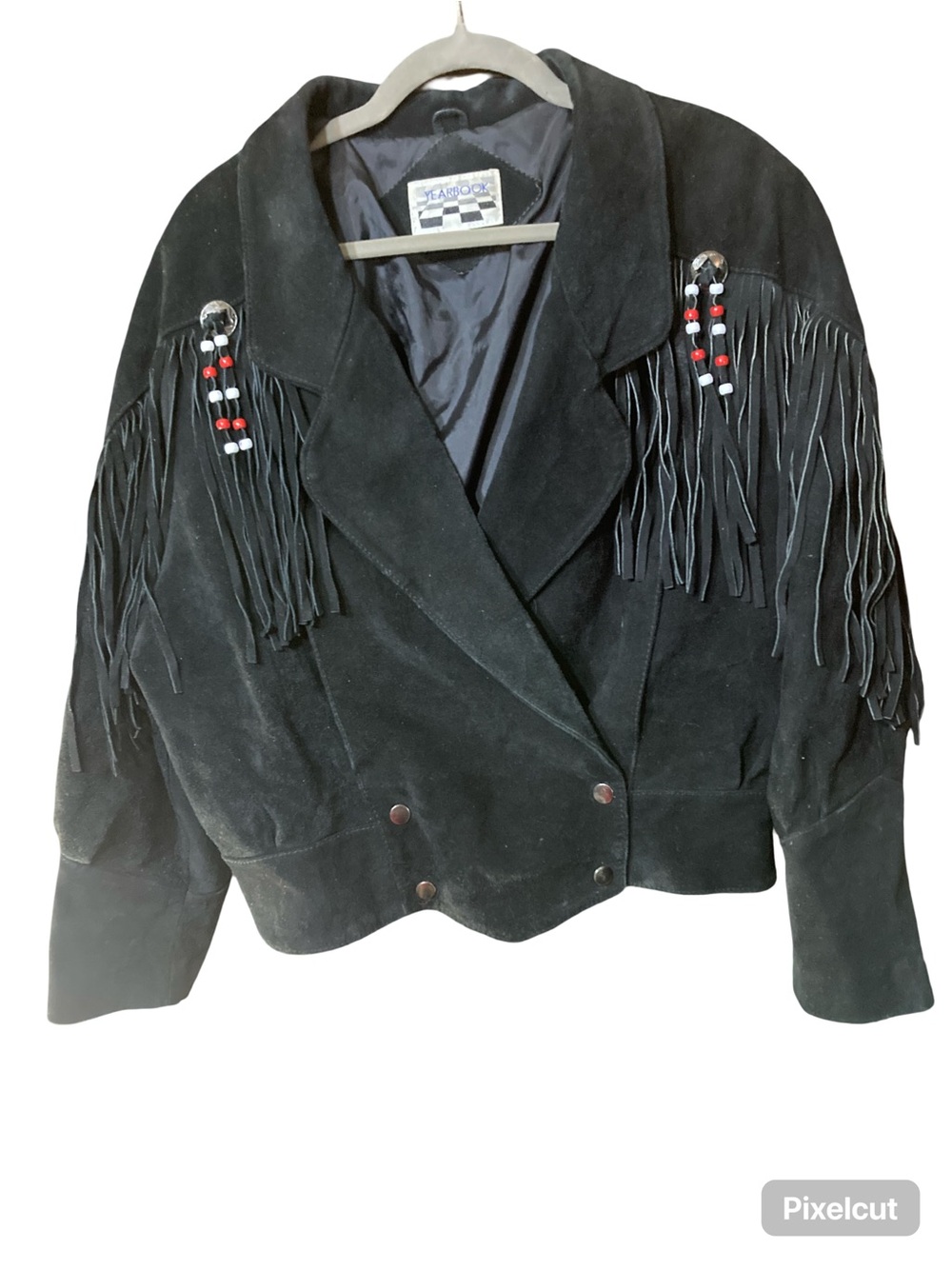 Black Suede Fringe Beaded Double-Breasted Leather Jacket